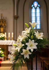 Fototapeta premium Floral arrangement for immaculate conception celebration in a church setting with lit candles and stained glass