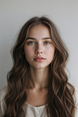 Naklejka premium Headshot passport ID portrait of German girl with long brown wavy hair, frontal view, centered, neutral expression, open eyes, natural colors, soft lighting, white background generative AI