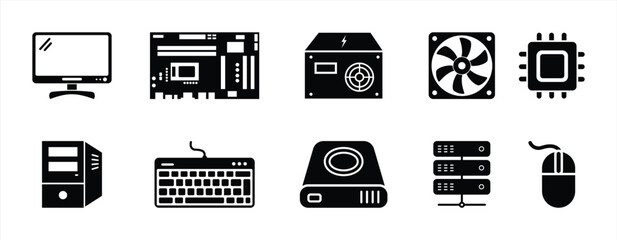 Computer Hardware and Components Icon Set in Black Silhouette Style