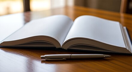 An open book with blank pages and a pen resting on a wooden table, ready for writing.