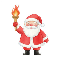 Santa Running with Torch Watercolor Vector Illustration on White Background

