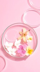 Flowers in petri dishes on pink