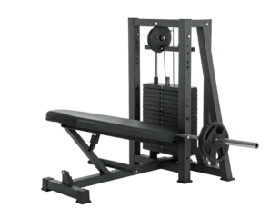 Bench press machine with weights and a bar, ready for gym use