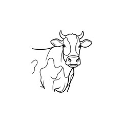 Detailed line art illustration of a cow with horns and spots.