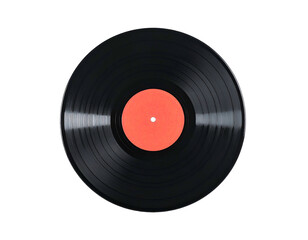 Obraz premium A close-up of a black vinyl record with a red label centered on a black background