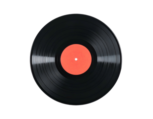 A close-up of a black vinyl record with a red label centered on a black background