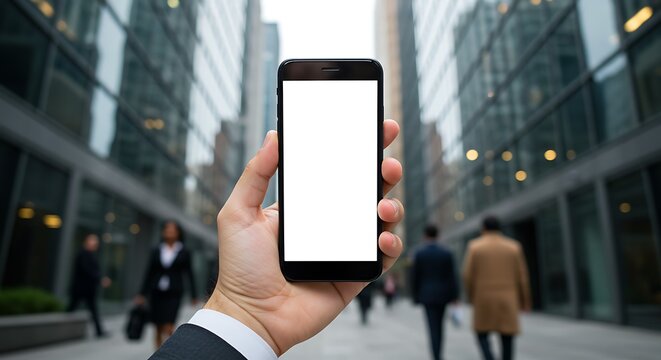 A businessman's hand holding a smartphone with a blank white screen on a busy city street with modern buildings. - Powered by Adobe