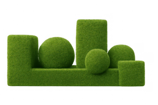 Ornamental topiary gardening with green grass elements and geometric shapes on transparent background