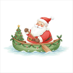 Santa Claus Canoeing on Lake Watercolor Vector Illustration
