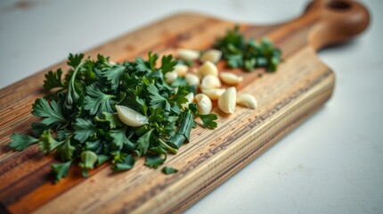 Fresh Herbs and Garlic on Wooden Cutting Board Ready for Cooking and Preparing Healthy Dishes in a Kitchen Environment