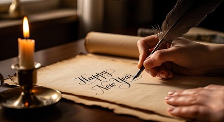 A hand holding a quill pen writes "Happy New Year" on a scroll next to a lit candle.