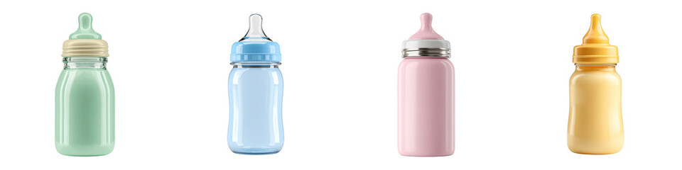 Colorful baby bottles arranged side by side modern design on transparent background