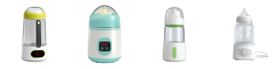 Various baby bottle sterilizers in modern design showcasing functionality on transparent background
