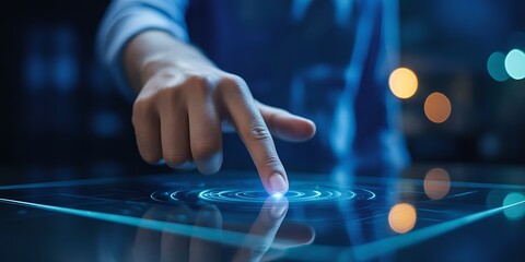 Person's finger touching a glowing blue circular interface on a dark surface