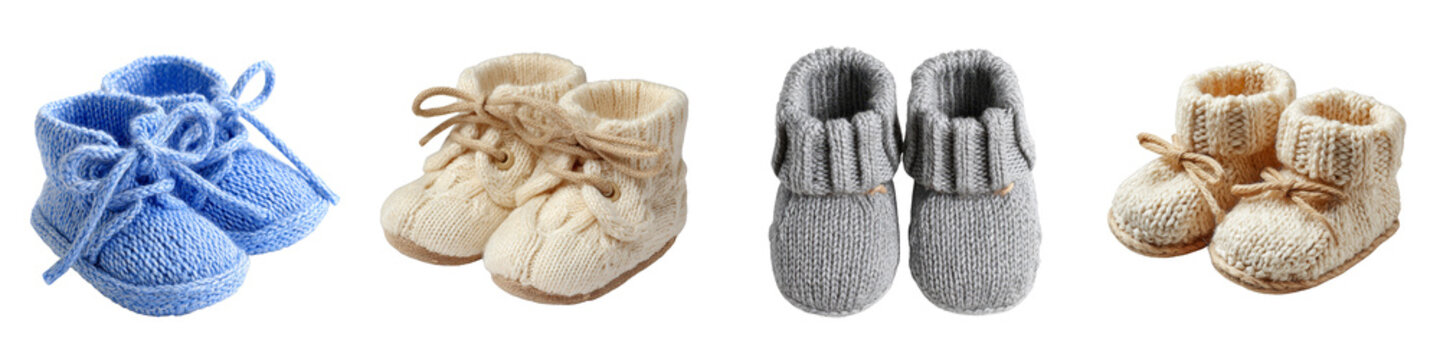 Knitted baby booties blue beige gray cute infant footwear on transparent background