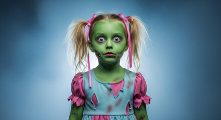 Little caucasian girl in a clown zombie costume with messy pigtails smiles happily on cemetery background for the Halloween holiday party. Banner template for party and a sale with copy space.