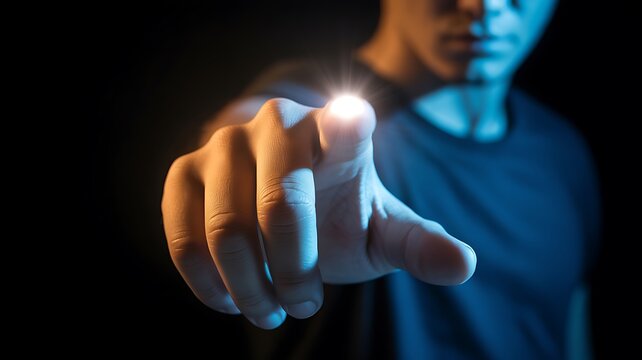 Man's Hand Pointing Finger with Light Against Dark touch