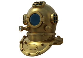 Vintage brass diving helmet isolated, antique deep sea diver headgear PNG for nautical decoration and steampunk design