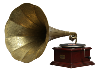 Antique gramophone with floral engravings isolated, vintage phonograph record player for music listening and retro technology