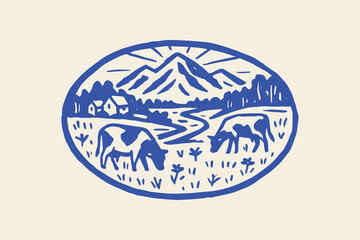 Mountain valley with cows hand drawn rural landscape vector illustration © Victoria