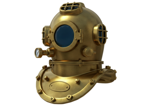 Vintage brass diving helmet isolated, antique deep sea diver headgear PNG for nautical decoration and steampunk design