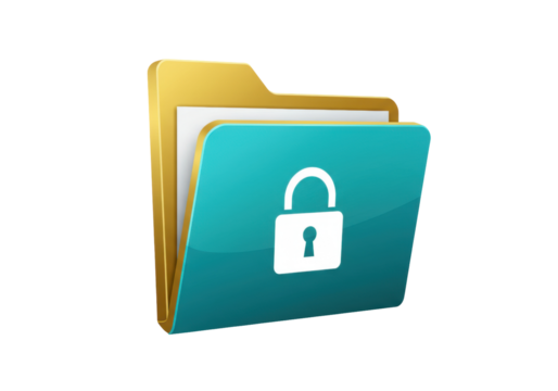 Turquoise folder with lock PNG isolated, data security concept for file protection and privacy on transparent background
