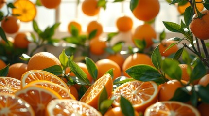 Fresh oranges and orange slices surrounded by vibrant green leaves in a bright, sunlit environment for a healthy lifestyle