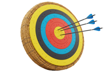 Archery target with arrows PNG isolated on transparent background, bullseye with blue fletched arrows for sports and recreation