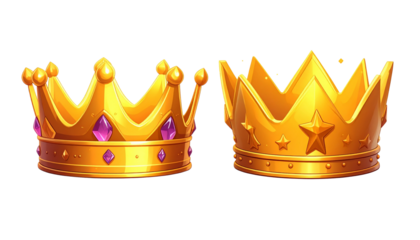 Pair of royal gold crowns with violet gems and celestial star details isolated on transparent background