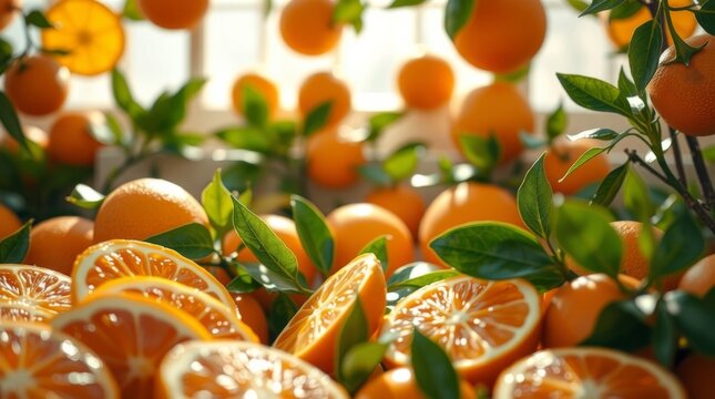 Fresh oranges and orange slices surrounded by vibrant green leaves in a bright, sunlit environment for a healthy lifestyle
