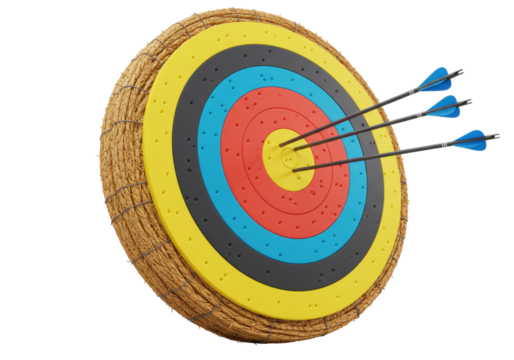 Archery target with arrows PNG isolated on transparent background, bullseye with blue fletched arrows for sports and recreation