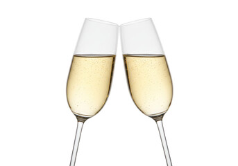 Two champagne flutes with golden bubbly liquid isolated, celebration toast for special occasions and festive events