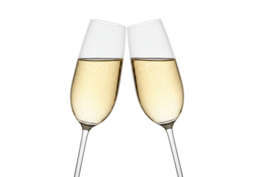 Two champagne flutes with golden bubbly liquid isolated, celebration toast for special occasions and festive events