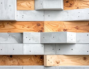 An architectural close-up revealing a wall design with a mosaic-like layout of rectangular wood panels and grey concrete blocks