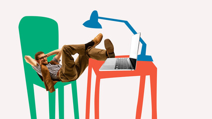 Graphic composition. Relaxed man leaning back on green chair with laptop on red desk smiling....