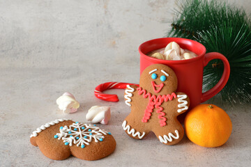 Cozy Christmas Treats with Gingerbread  cookies and Hot Chocolate and tangerine