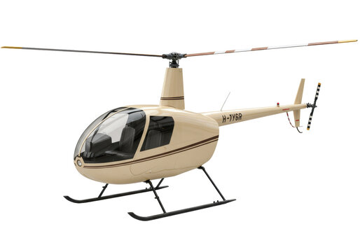Beige Robinson R44 helicopter isolated on transparent background, light aircraft for private transportation and aerial photography