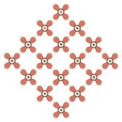Geometric flower or cross shapes in reddish-orange and beige, arranged in a diamond or rhombus pattern. Minimalist flat design with four-petal flowers, isolated on white background.