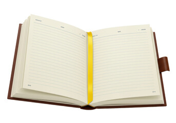 Open brown leather diary with yellow bookmark isolated on transparent background, blank lined pages for writing and planning