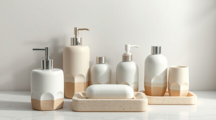 Elegant Bathroom Set with Modern Soap Dispenser and Creamy Lotion Bottles on Minimalistic White Marble Countertop
