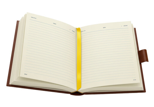 Open brown leather diary with yellow bookmark isolated on transparent background, blank lined pages for writing and planning