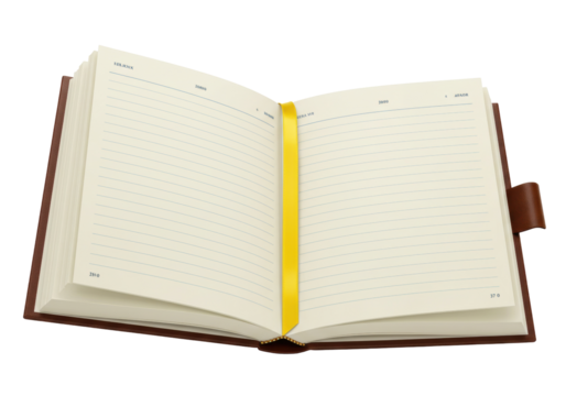 Open brown leather diary with yellow bookmark isolated on transparent background, blank lined pages for writing and planning