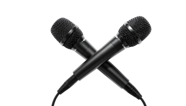 Pair of retro golden microphones isolated on white background