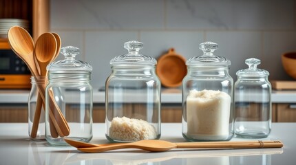 Glass jars with wooden spoons filled with rice and sugar on kitchen countertop close-up for home organization and storage
