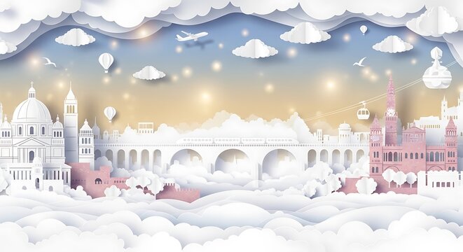 Paper cut art style cityscape with famous landmarks and hot air balloons at sunset. - Powered by Adobe
