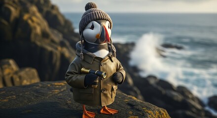 Puffin in Winter Gear - Coastal Adventure Amidst Rugged Terrain.