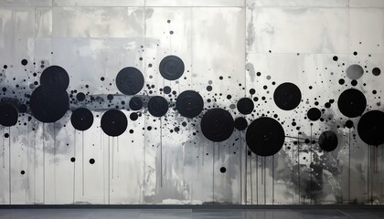 Abstract wall art. Metallic surface with splattered ink and black circular elements of varying sizes create a dynamic, modern aesthetic