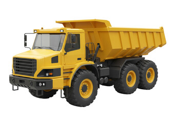 Yellow dump truck isolated on transparent background, heavy construction vehicle for mining and earthmoving projects PNG