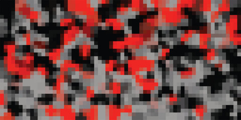 Vibrant abstract camouflage pattern with red, black, and gray pixelated blocks creating a bold and dynamic textured background for design © Brainless