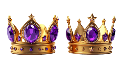 Two golden crowns adorned with purple gemstones and stars isolated on transparent background